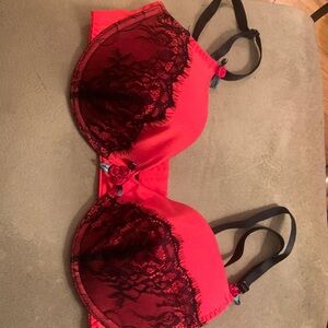Dreamgirl Bra Red with black lace overlay. Lightly padded underwire size large